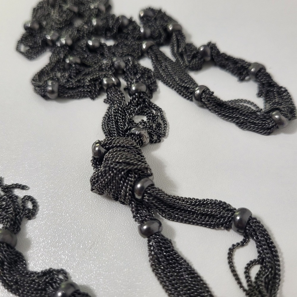 Multi Strand Chain Lariat Necklace Women Knotted Tassel Gunmetal 19"